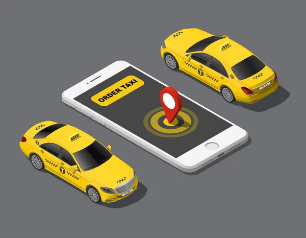 Isométrico Line Ordem Móvel Conceito Aplicação Serviço Táxi Cidade Táxi — Vetor de Stock
