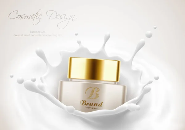 Tarro de crema cosmética para la piel de belleza en salpicaduras de leche Gráficos vectoriales