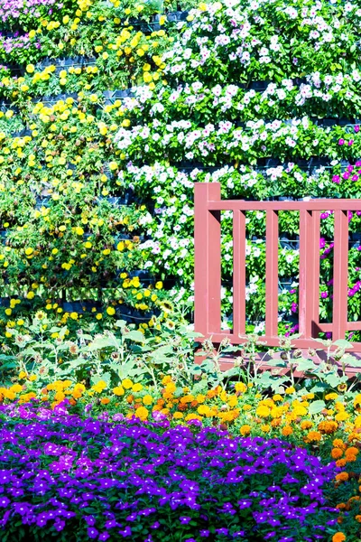 木製の橋夏の居心地の良いホーム フラワー ガーデンの花ポット装飾 — ストック写真