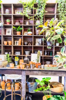 Bahçe araçlarıyla çalışma alanı ve raf.