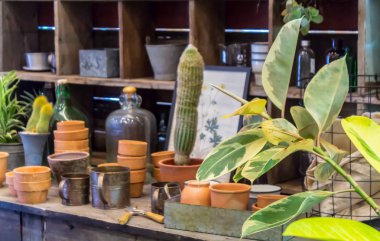 Bahçe araçlarıyla çalışma alanı ve raf.