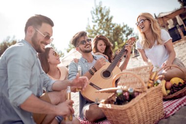 adam sahilde otururken arkadaşlar için gitar çalmak piknik zamanı
