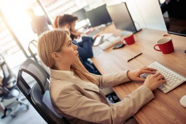 sarışın modern ofis içinde bilgisayar üzerinde çalışan iş kadını 