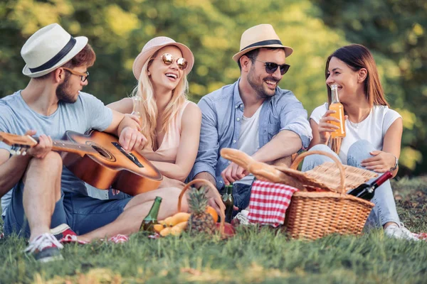 Счастливые Юные Друзья Шляпах Солнцезащитных Очках Устраивают Пикник Парке — стоковое фото