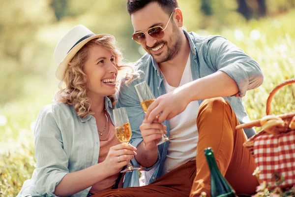 Piknik Park Şampanya Gözlüklerle Neşeli Çift — Stok fotoğraf