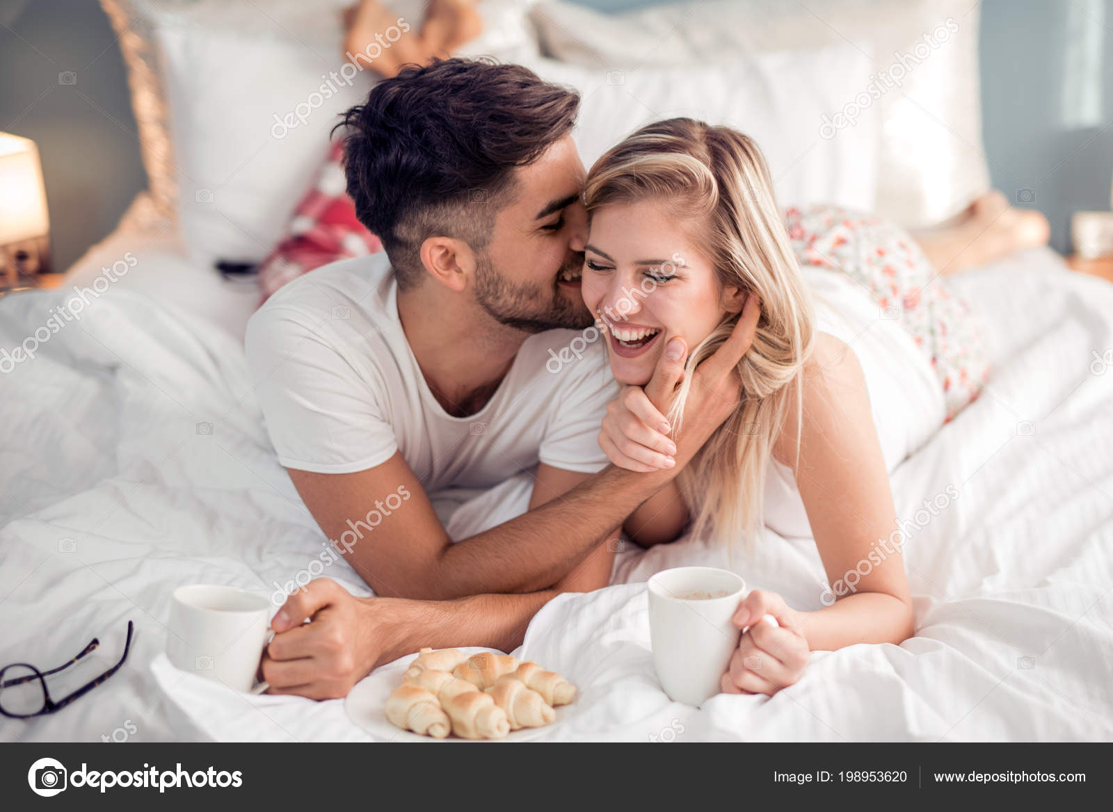 Cute Couple Having Breakfast Drink Coffee Bed Bedroom