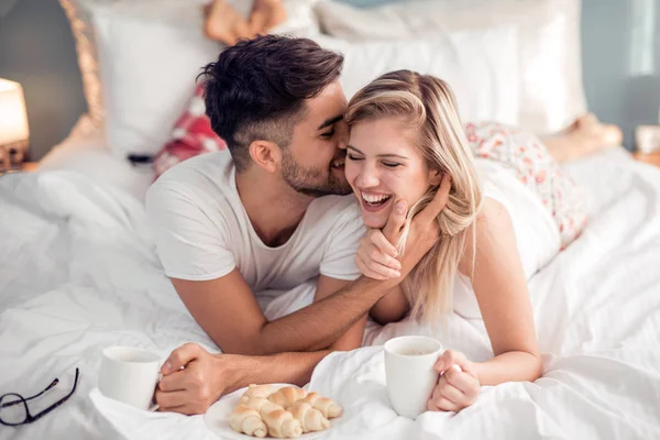 Cute Couple Having Breakfast Drink Coffee Bed Bedroom — Stock Photo, Image