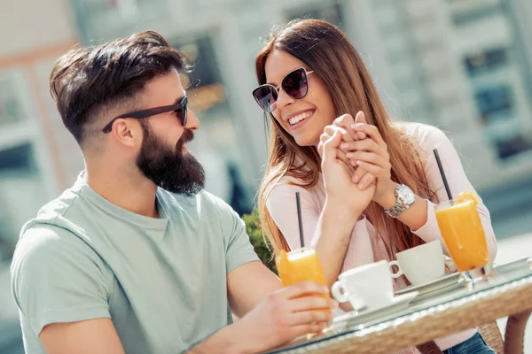 Young Couple Love Sitting Cafe Drinking Coffee Having Great Time — Stock Photo, Image