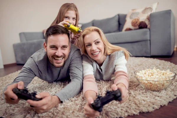 Playful Family Playing Video Games Together Living Room — Stock Photo, Image