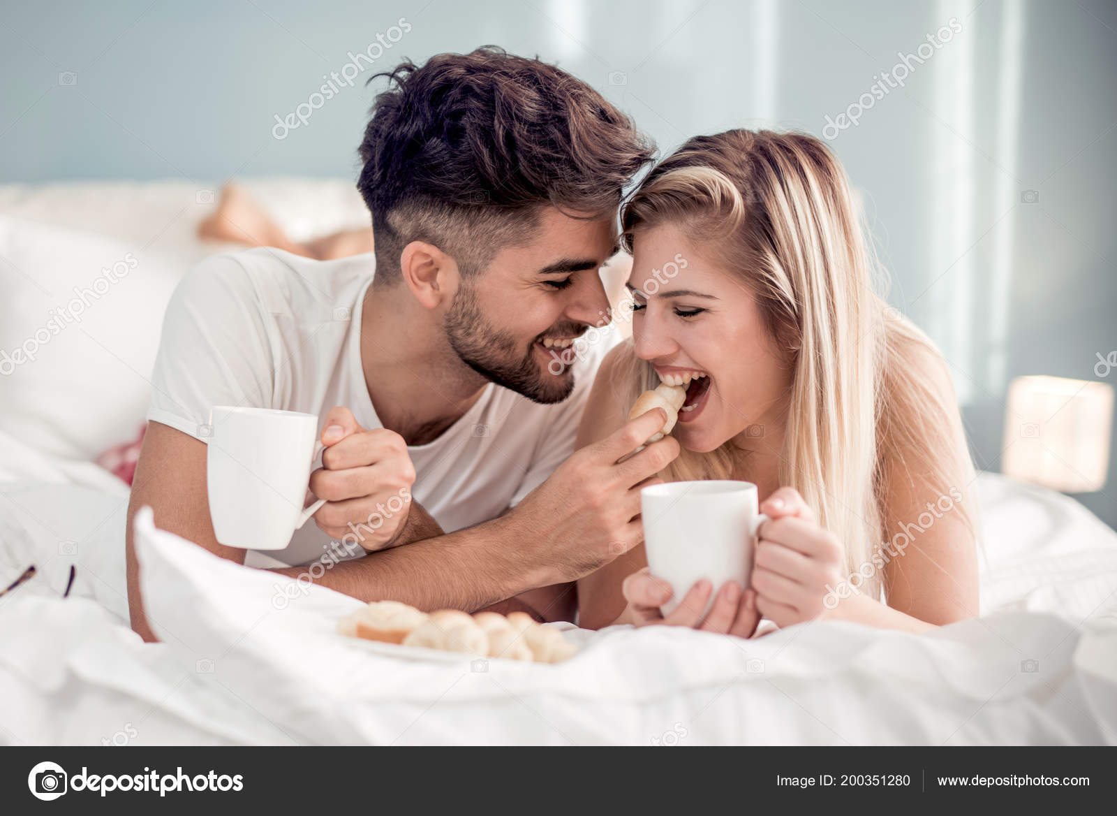 Cute Couple Having Breakfast Bed Bedroom Stock Photo