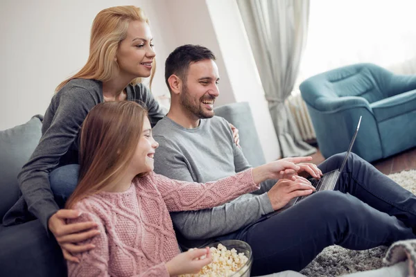 Family Three Using Laptop Together While Sitting Sofa Home — Stock Photo, Image