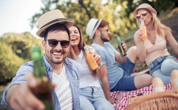 Mutlu genç arkadaşlar ülkede piknik. Onlar tüm mutlu, eğleniyor, gülümseyen ve birlikte zevk vardır.