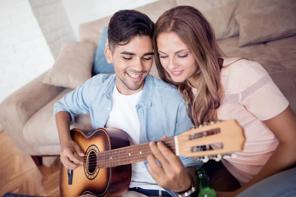 Handsome Man Playing Some Music Guitar His Girlfriend — Stock Photo, Image