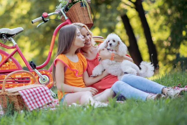 Anne Kızı Ile Beyaz Köpek Parkında Eğleniyor — Stok fotoğraf