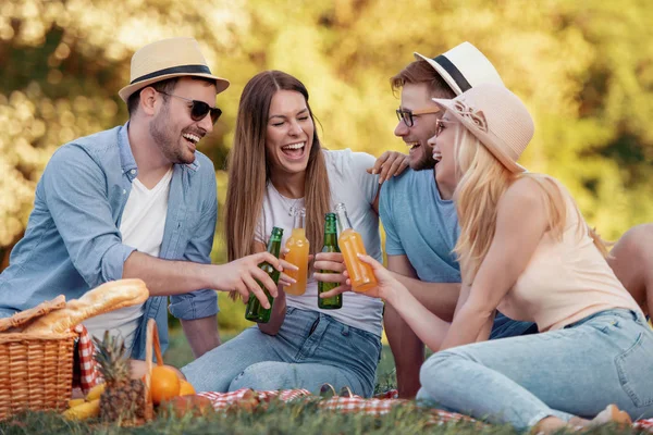 Felices Jóvenes Amigos Haciendo Picnic Parque Disfrutando Juntos — Foto de Stock