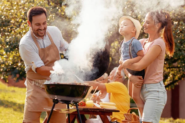 Barbecue Time Happy Big Family Make Barbecue Garden — Stock Photo, Image