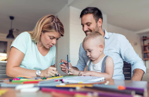 Maman Papa Dessinent Avec Leur Fils Profitant Moments Avec Leur — Photo