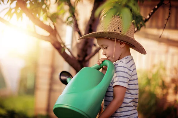 Portrait Toddler Child Outdoors Cute Little Boy Watering Grass Backyard — Stock Photo, Image