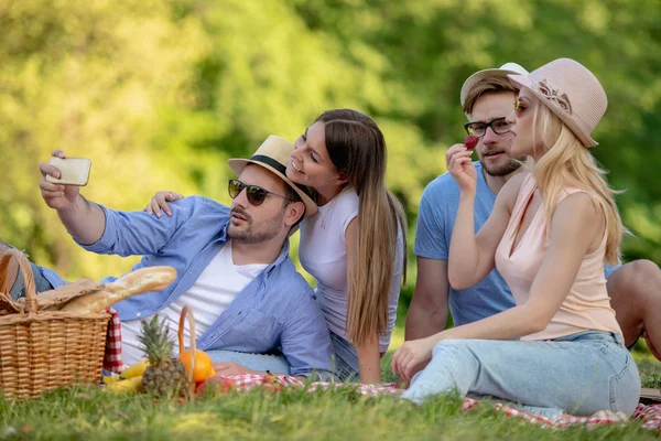 Happy Young Friends Having Picnic Country All Happy Having Fun — Stock Photo, Image