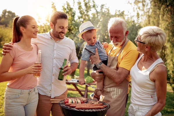 Happy Big Family Having Lunch Summer Garden Party People Food — Stock Photo, Image