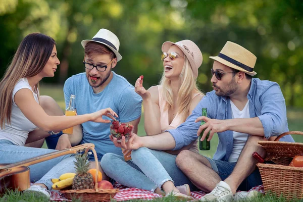 Друзья Веселятся Пикнике Парке Едят Клубнику — стоковое фото