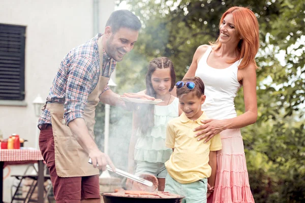 Leisure Food People Holidays Concept Man Cooking Meat Barbecue Grill — Stock Photo, Image