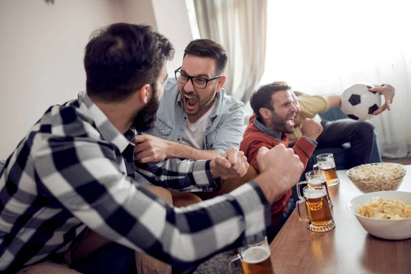 Group Football Fans Watching Soccer Game Television Celebrating Goal — Stock Photo, Image