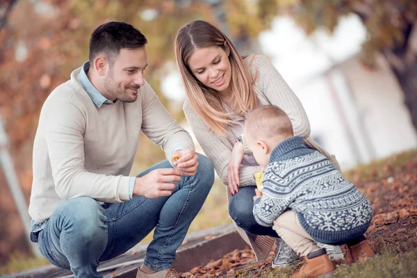 Familia Joven Feliz Tres Pasar Tiempo Juntos Parque Otoño — Foto de Stock