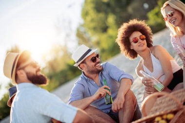 Hafta sonu zevk ve plajda eğlenmek neşeli arkadaşları.