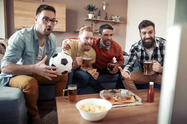 Friends Eating Pizza Having Party Home Eating Pizza Watching Having — Stock Photo, Image