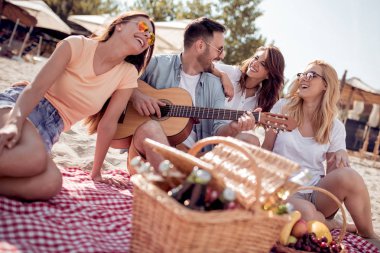 Bira içme gitar, çalmak dostları grubu ve sahilde eğlenin.