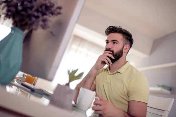 Portrait Young Freelancer Working Laptop Home — Stock Photo, Image