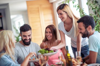 Toplantı arkadaşlar. Mutlu insanlar grubunuz arkadaşça sohbet, şerefe, evde parti gülüyor demek.