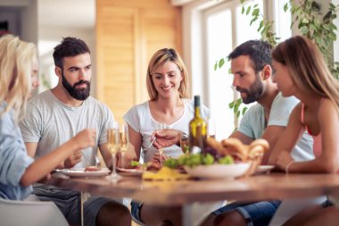 Toplantı arkadaşlar. Mutlu insanlar grubunuz arkadaşça sohbet, şerefe, evde parti gülüyor demek.