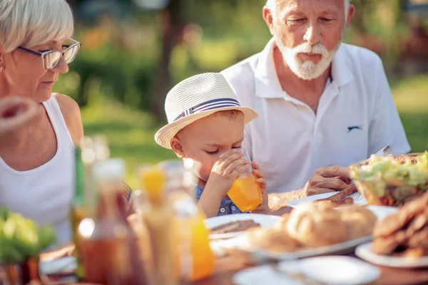 Grandparents Grandson Having Barbecue Lunch Garden Sunny Day — Stock Photo, Image