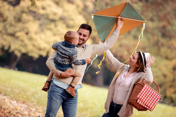 幸せな家族のピクニックを楽しみ 公園で凧で遊んで — ストック写真
