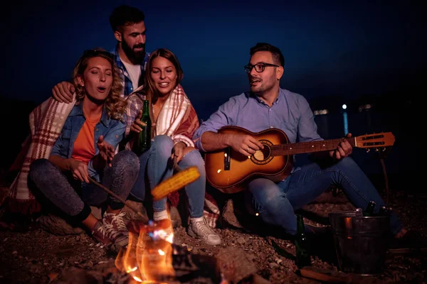 Eine Gruppe Von Freunden Sitzt Nachts Feuer Grillt Würstchen Und — Stockfoto