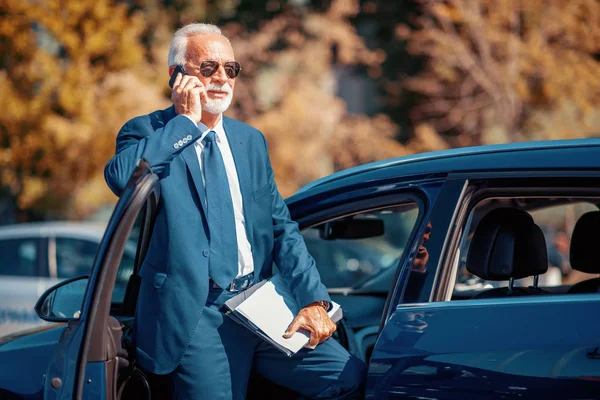 Gezisi Arabanın Önünde Akıllı Telefon Kullanarak Kendine Güvenen Üst Düzey — Stok fotoğraf