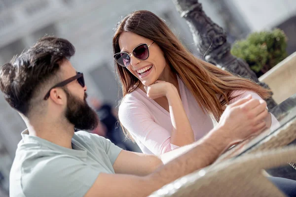 Young Couple Enjoying Cafe Smiling Looking Each Other — Stock Photo, Image