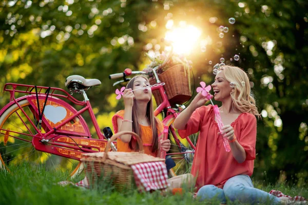 Jeune Famille Jouissant Dans Parc Faire Des Bulles Savon — Photo