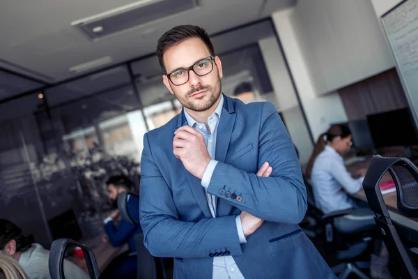 Handsome Smiling Confident Businessman Modern Office — Stock Photo, Image