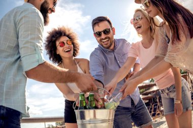 Sahilde birlikte eğleniyor ve soğuk bira içmek arkadaşlar.