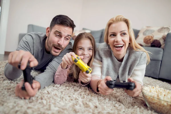 Playful Family Playing Video Games Together Living Room — Stock Photo, Image