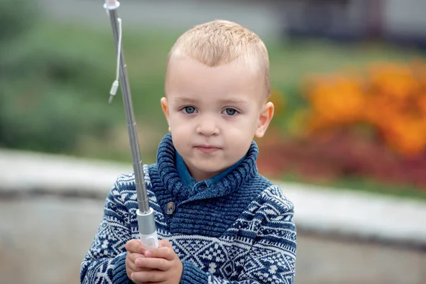 Маленький Милый Мальчик Играет Селфи Палкой Осеннем Парке — стоковое фото