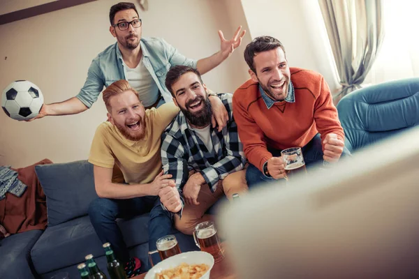 Group Friends Watching Soccer Game Television Celebrating Goal — Stock Photo, Image