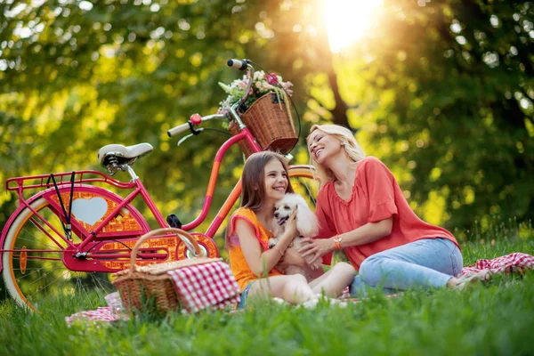 公園で楽しい時間を過ごしている家族 一緒にお母さんと娘 — ストック写真