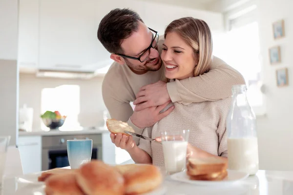 Happy Couple Have Breakfast Together Kitchen — Stock Photo, Image