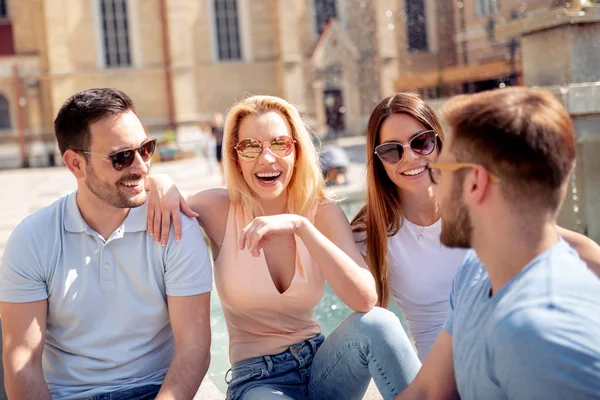 Happy Cheerful Best Friends Sitting Stairs Having Fun — Stock Photo, Image