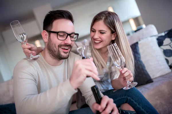 Young Romantic Couple Drink Wine Enjoy Love Guy Open Bottle — Stock Photo, Image