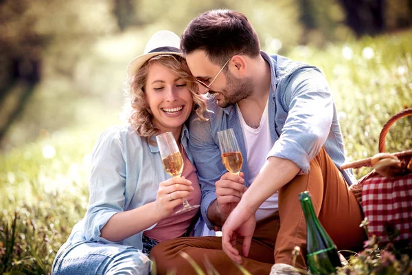 Dating Aşk Insanlar Kutlama Kavramı Gülümseyen Içme Çift Pikniğe Şarap — Stok fotoğraf